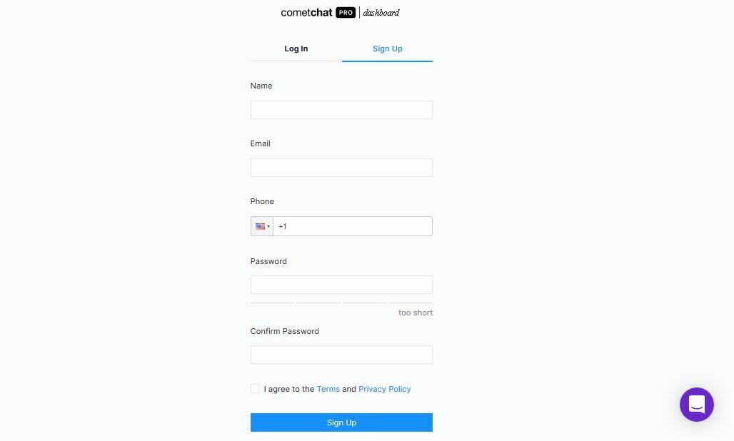 CometChat Pro Signup page